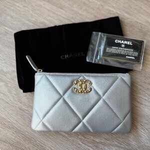 Chanel Shiny Goatskin Quilted Small Chanel 19 Pouch Silver